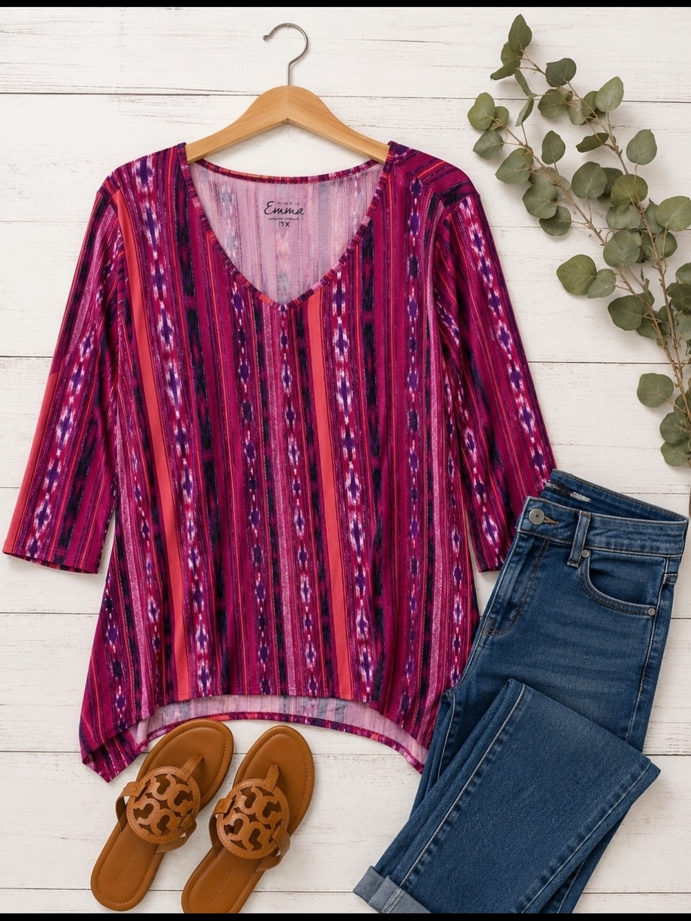 Simply Emma 1X Pink Purple Boho Tunic Top | V-Neck 3/4 Sleeve Plus Size